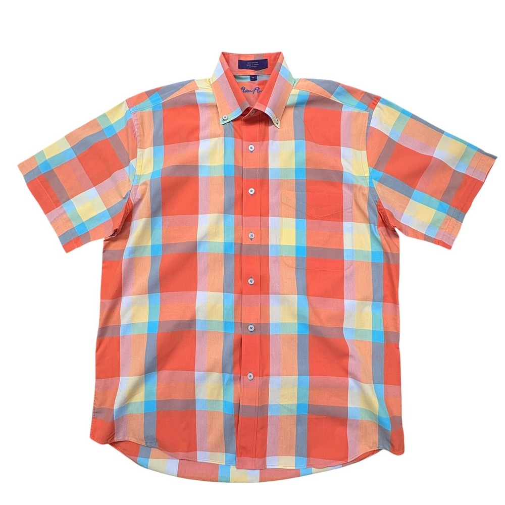 Alan Flusser Short Sleeve Shirt Mens M Orange Plaid Cotton Button Down Retro